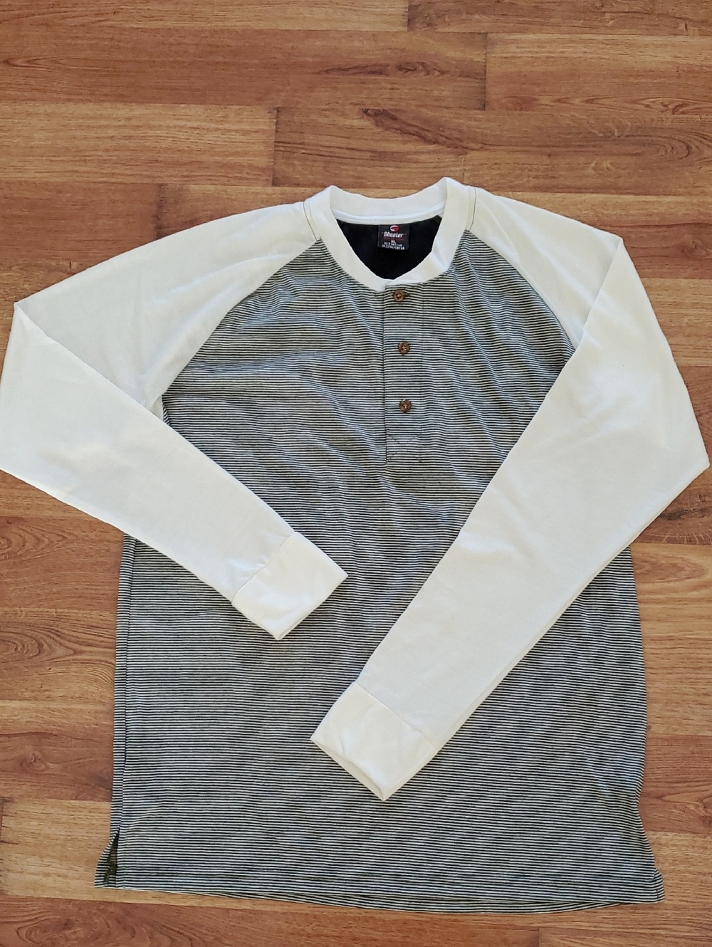 Striped Gray Henley Raglan Long-Sleeve Shirt - White Sleeves